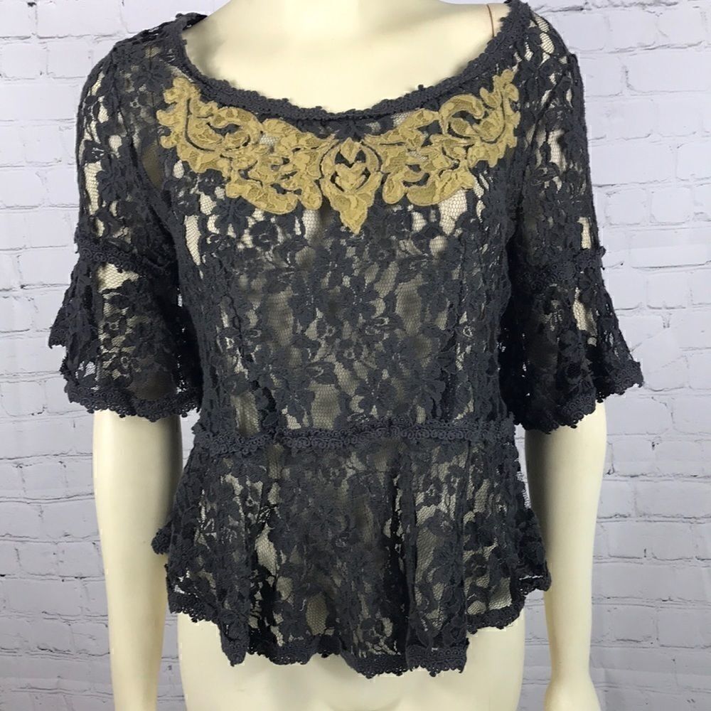 Free People Lace Top 1/2 Sleeve Gold Inset Medium